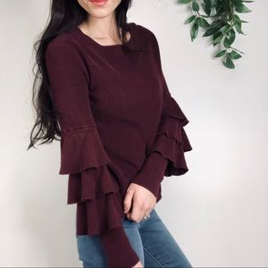 1. State Merlot Purple Tiered Bell Sleeve Sweater